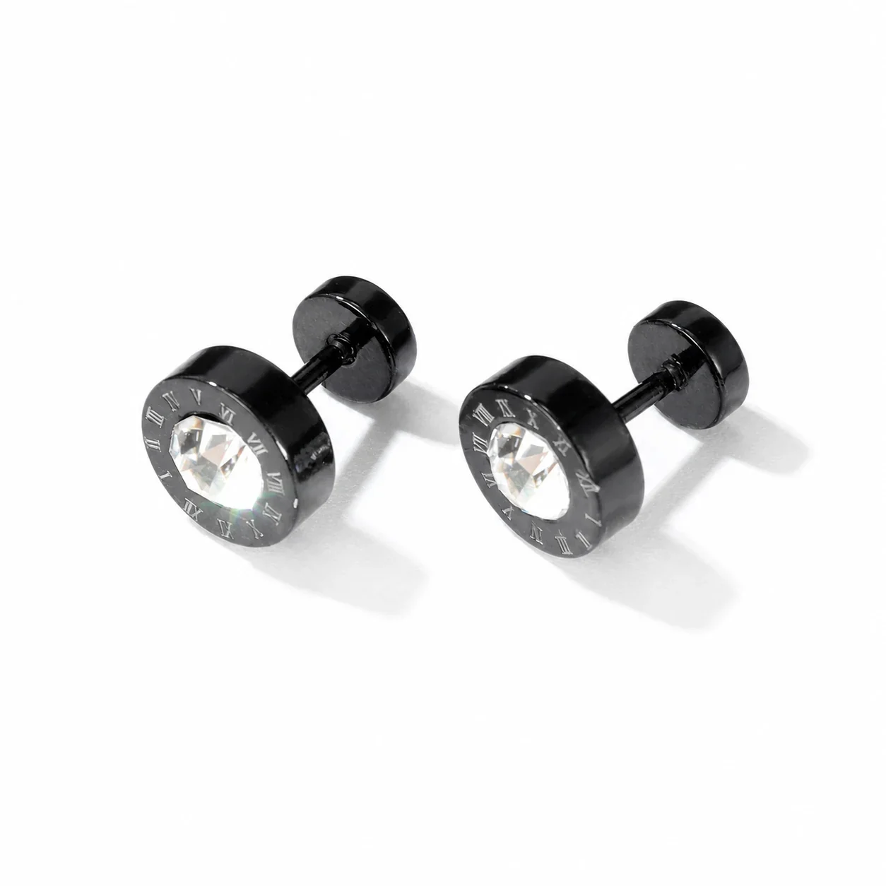 Polished Black-Plated Roman Numeral Crystal Stud Earrings