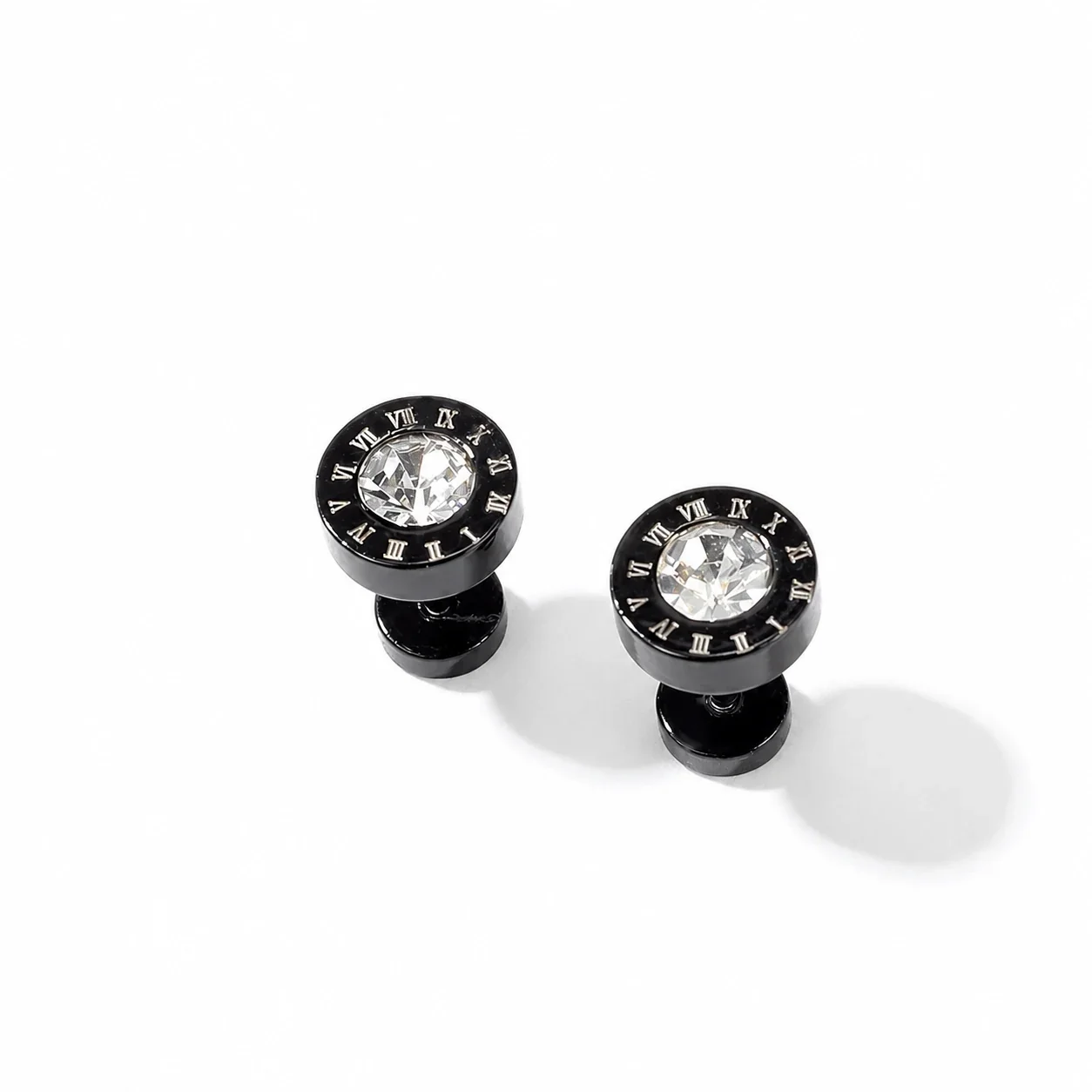 Polished Black-Plated Roman Numeral Crystal Stud Earrings
