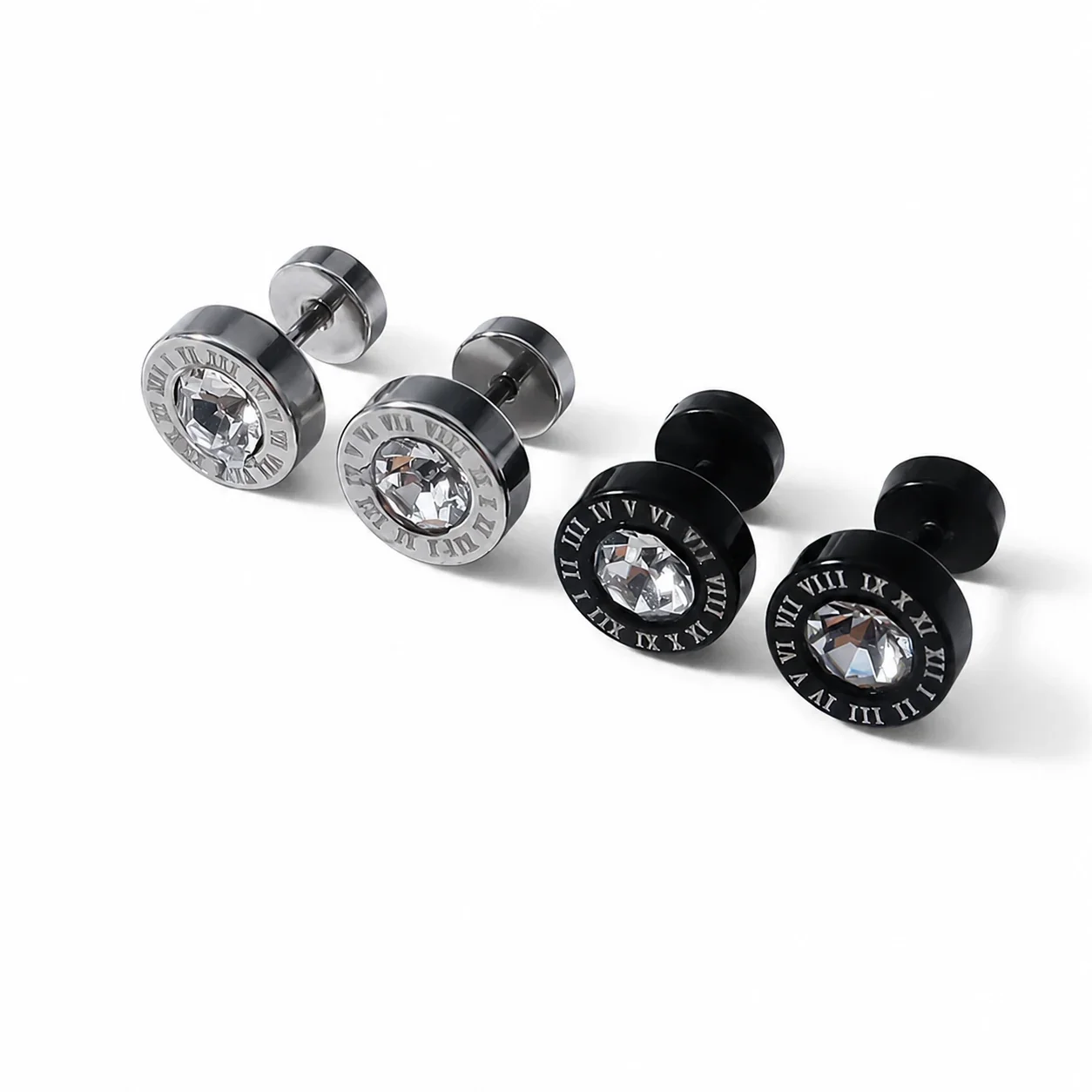 Polished Black-Plated Roman Numeral Crystal Stud Earrings - Silver Roman Numeral Screw Back