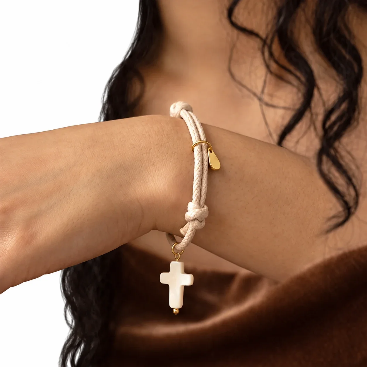 Cross Charm Braided Cord Bracelet in 316 Stainless Steel