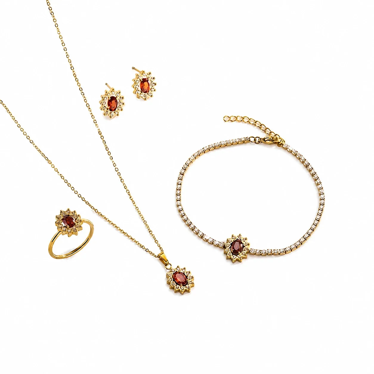 Jewelry Set Oval Red CZ Starburst Halo Gold-Tone Stainless Steel