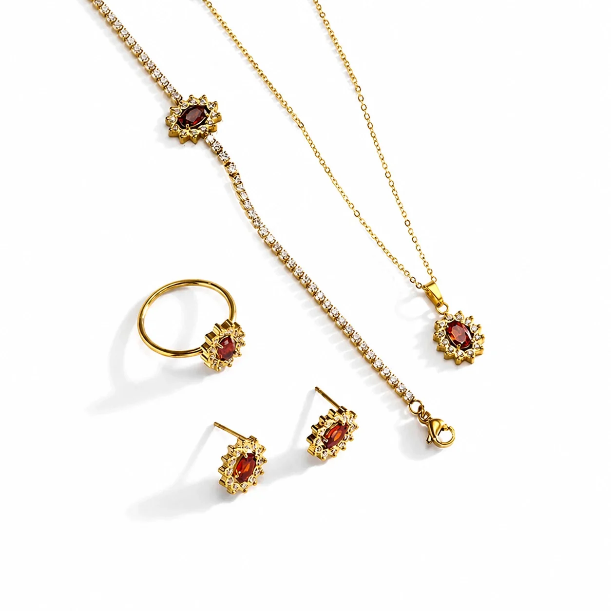 Jewelry Set Oval Red CZ Starburst Halo Gold-Tone Stainless Steel