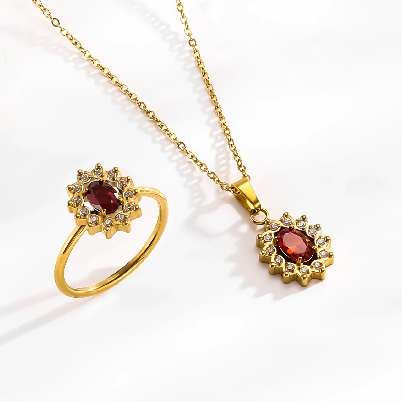Jewelry Set Oval Red CZ Starburst Halo Gold-Tone Stainless Steel
