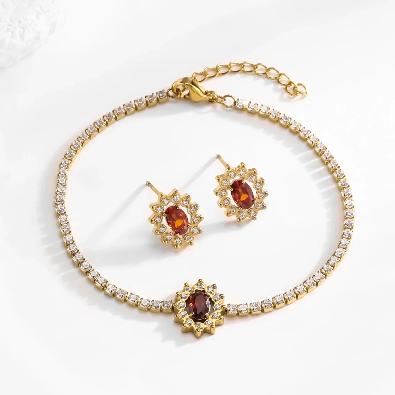 Jewelry Set Oval Red CZ Starburst Halo Gold-Tone Stainless Steel