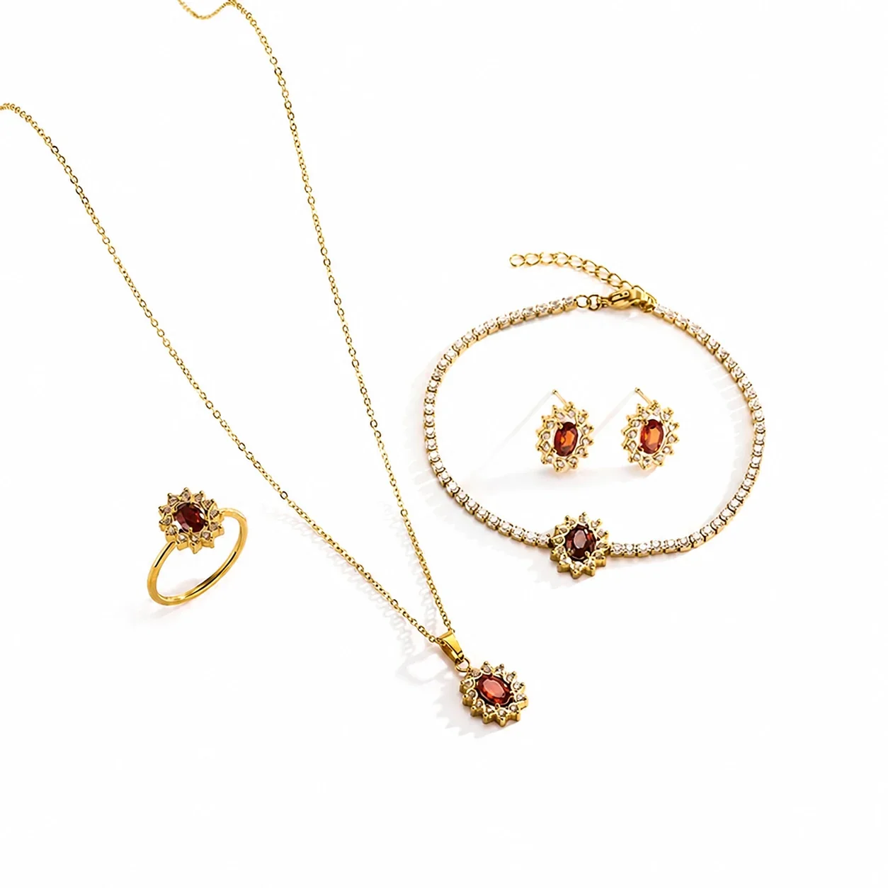 Jewelry Set Oval Red CZ Starburst Halo Gold-Tone Stainless Steel - Piece Stud