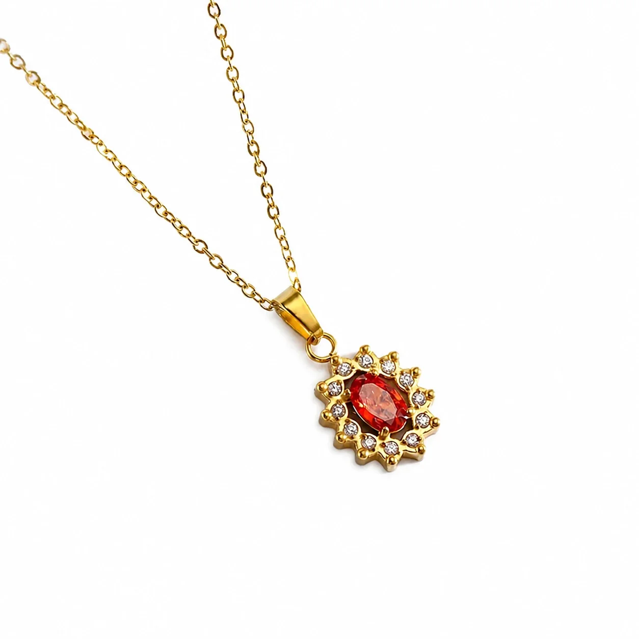 Jewelry Set Oval Red CZ Starburst Halo Gold-Tone Stainless Steel - Necklace