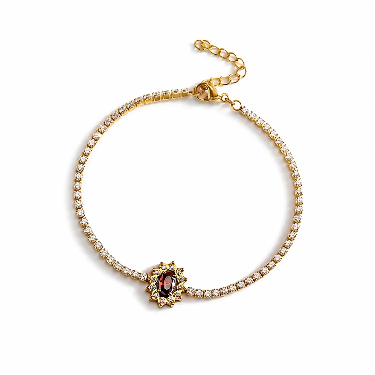 Jewelry Set Oval Red CZ Starburst Halo Gold-Tone Stainless Steel - Bracelet