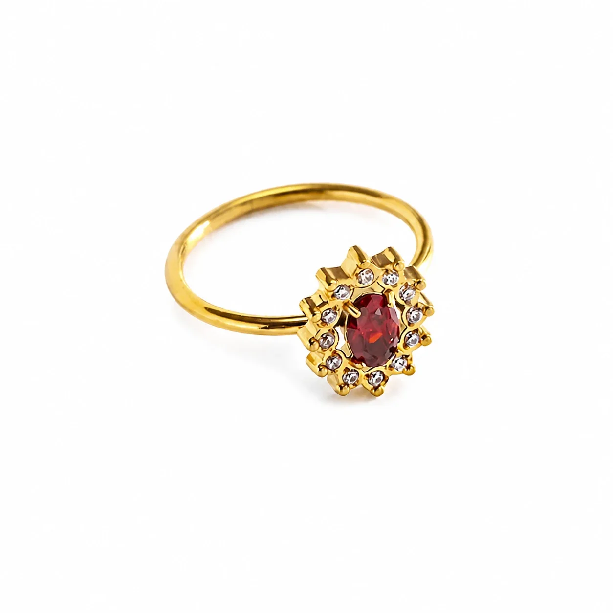 Jewelry Set Oval Red CZ Starburst Halo Gold-Tone Stainless Steel - Open