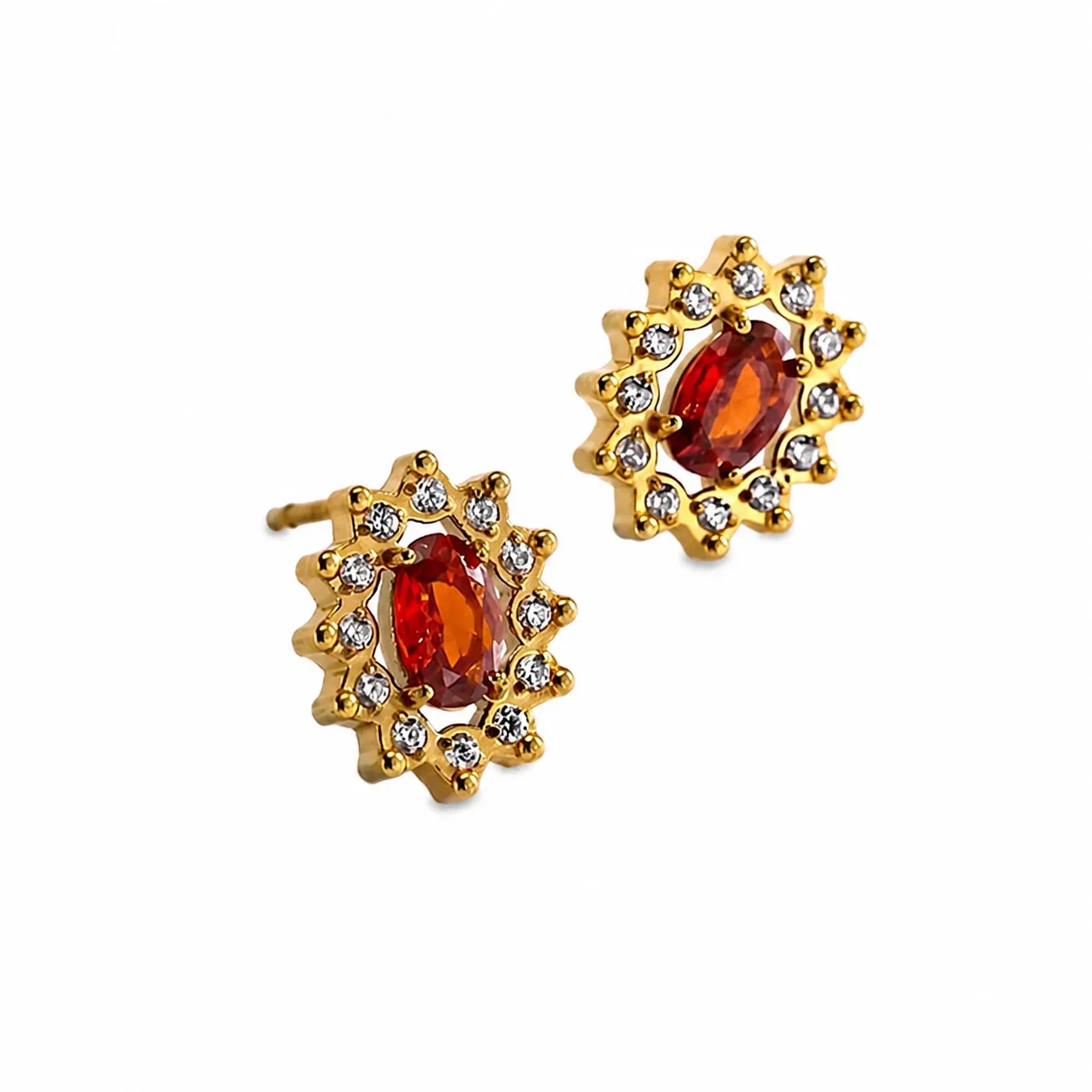 Jewelry Set Oval Red CZ Starburst Halo Gold-Tone Stainless Steel - Stud