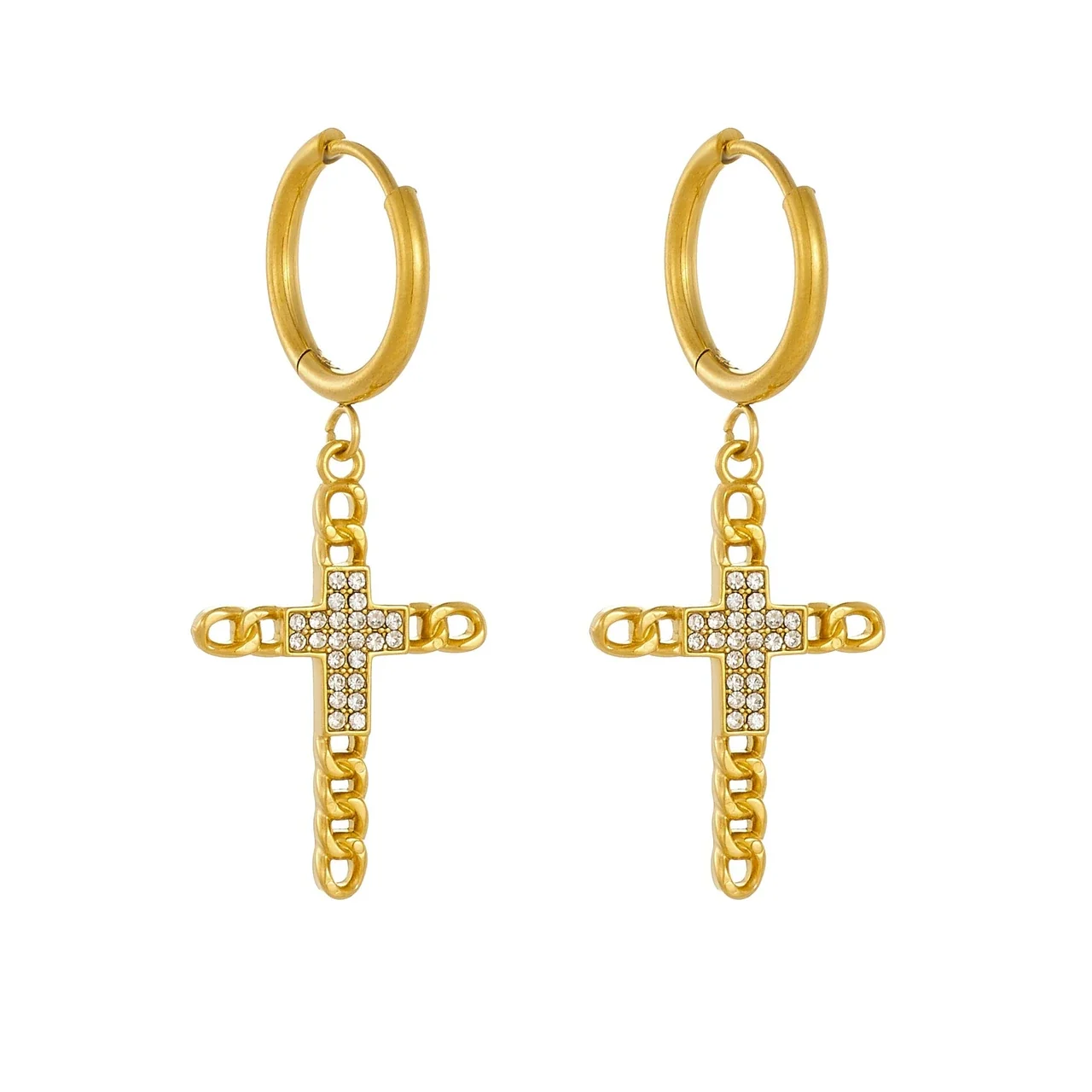Hoop Earrings with Crystal Cross and Cuban Chain, Gold-Plated