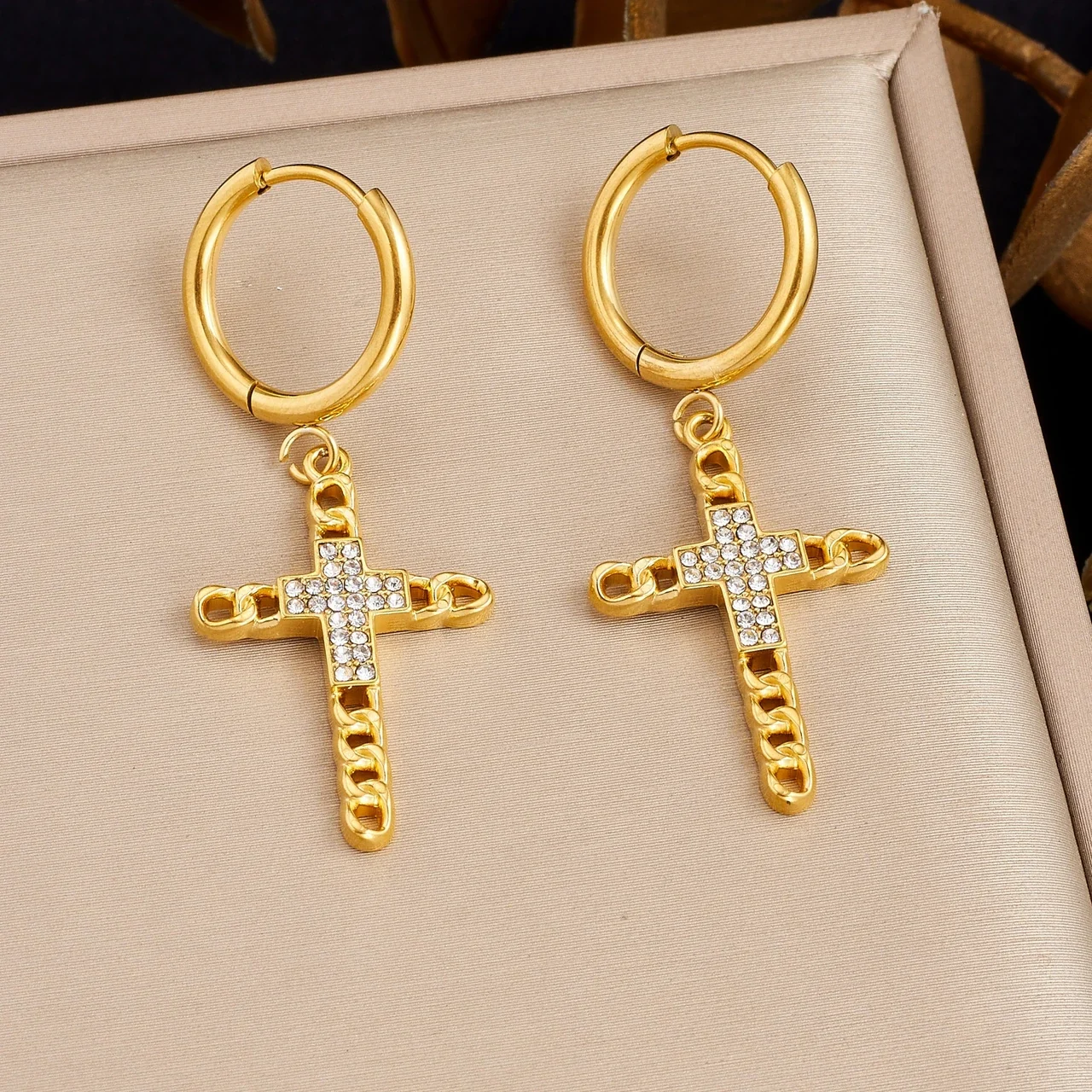 Hoop Earrings with Crystal Cross and Cuban Chain, Gold-Plated