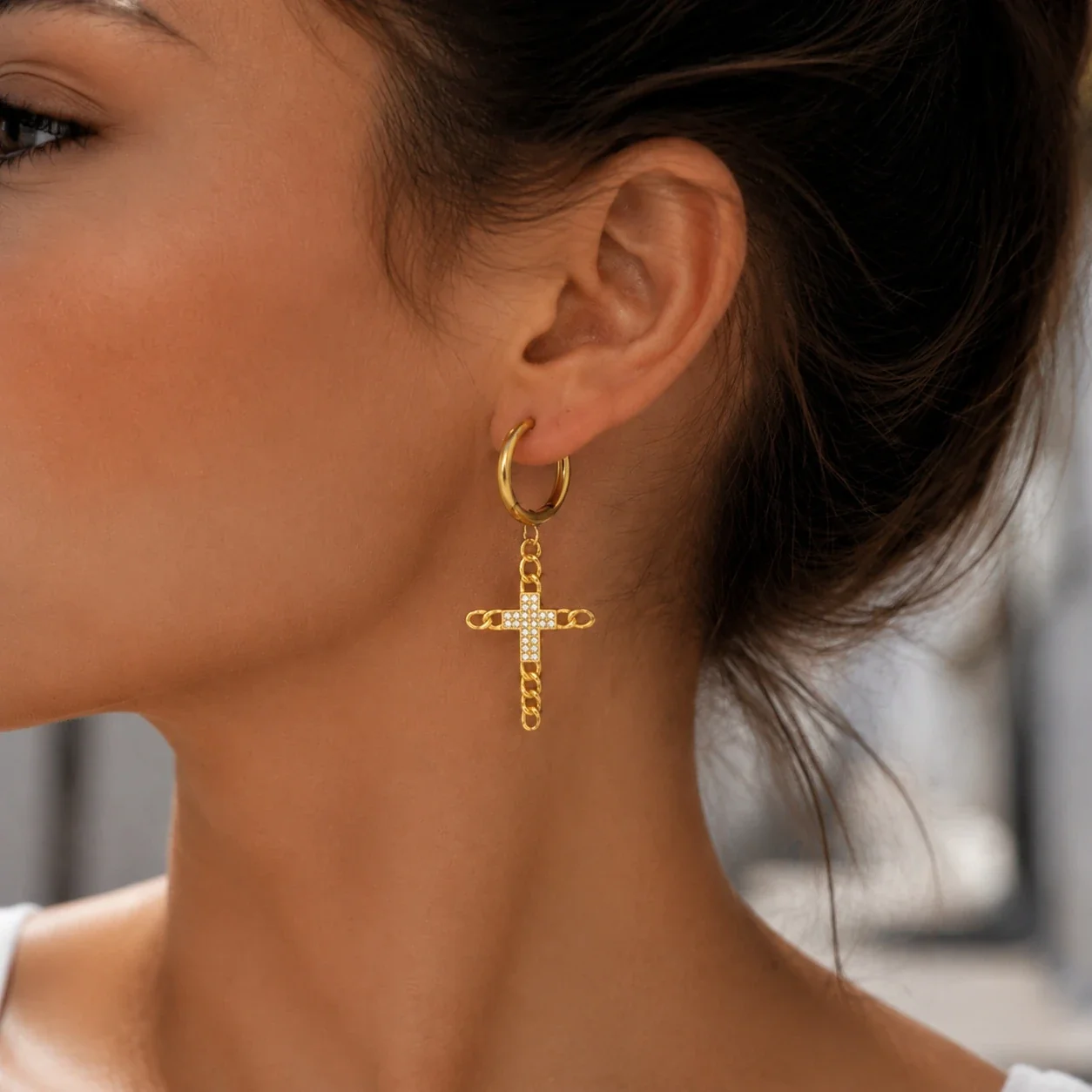 Hoop Earrings with Crystal Cross and Cuban Chain, Gold-Plated