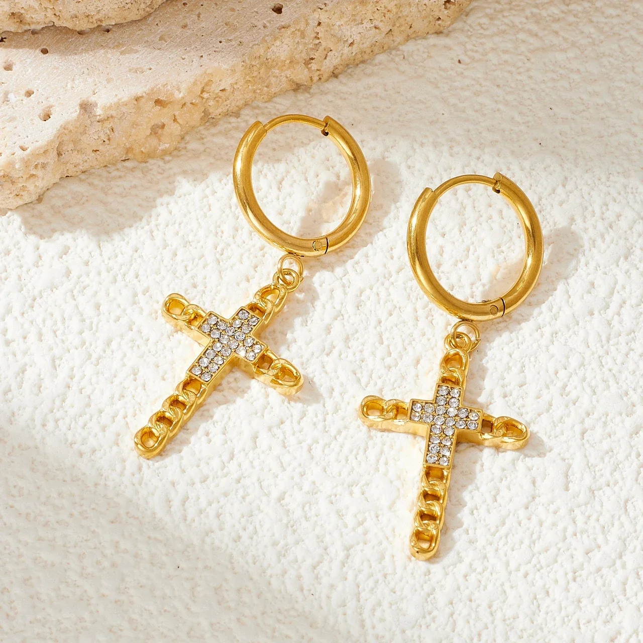 Hoop Earrings with Crystal Cross and Cuban Chain, Gold-Plated