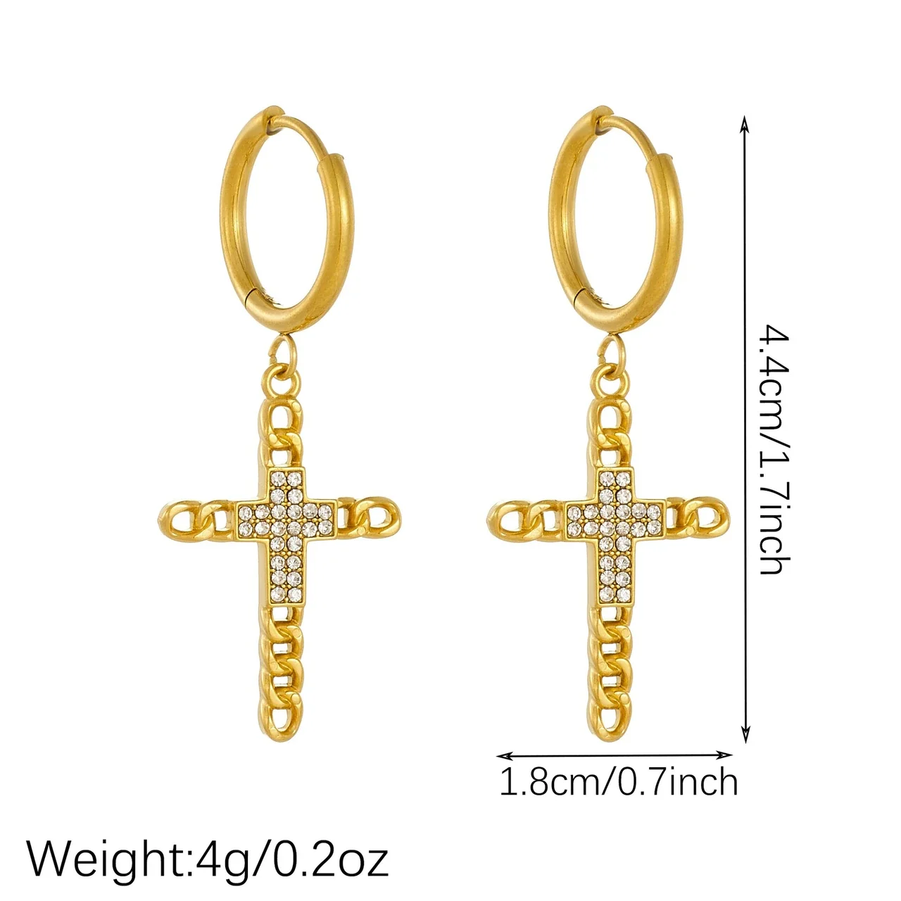 Hoop Earrings with Crystal Cross and Cuban Chain, Gold-Plated