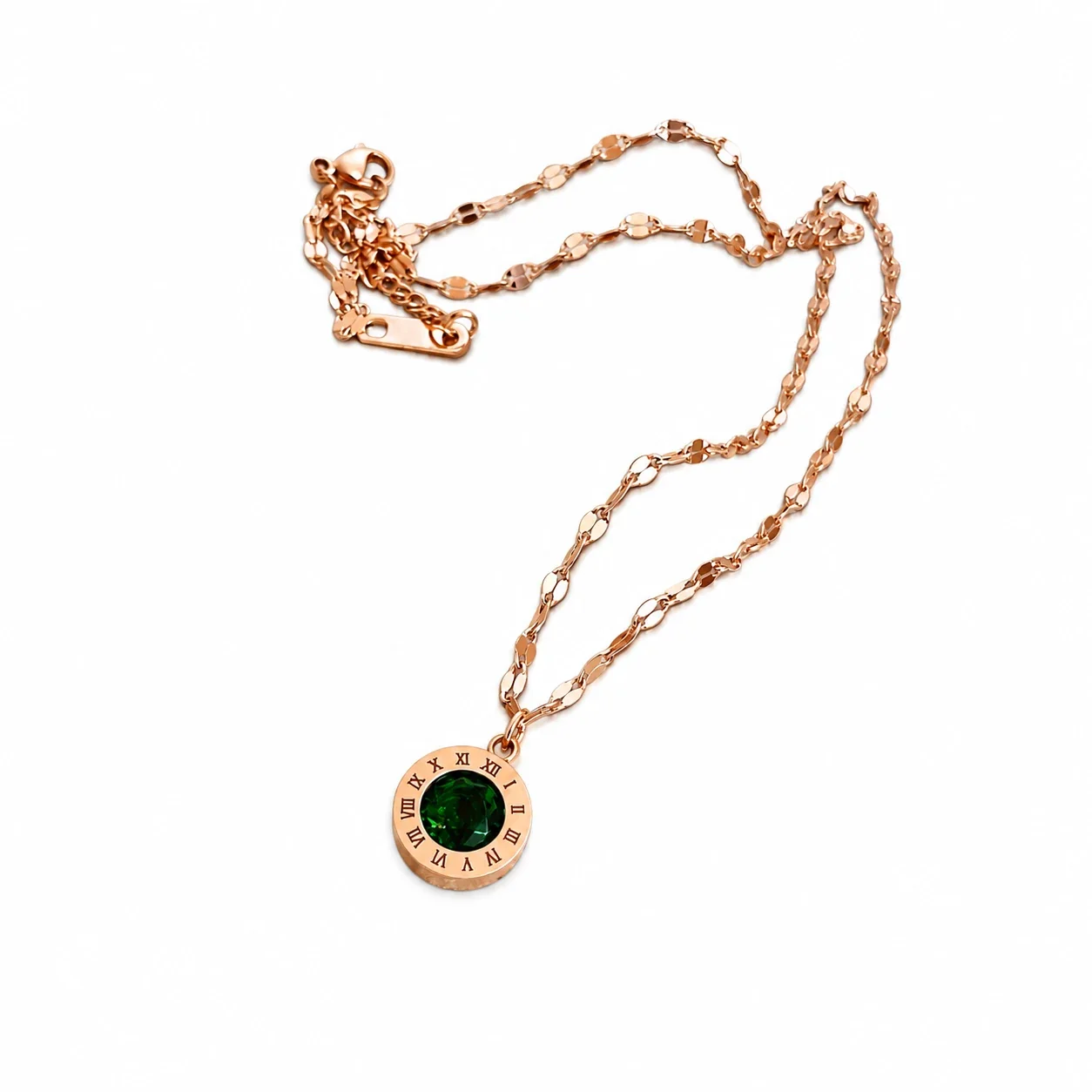 Necklace: Gold-Tone Roman Numeral Green Crystal Stainless Steel