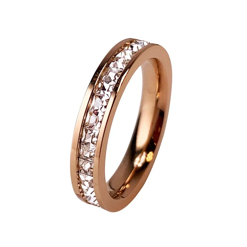 Ring, Square Crystal Channel Band, Rose Gold-Plated Stainless Steel