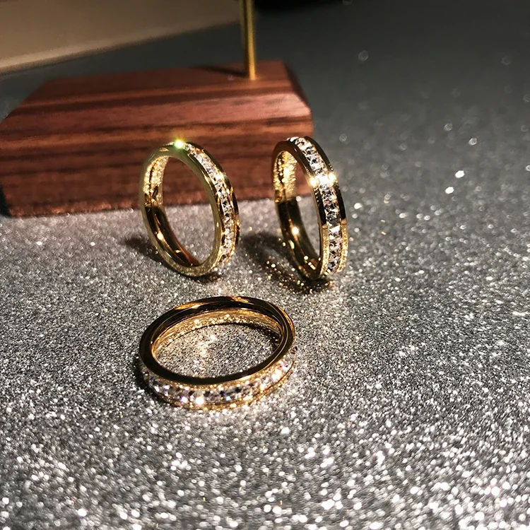 Ring, Square Crystal Channel Band, Rose Gold-Plated Stainless Steel