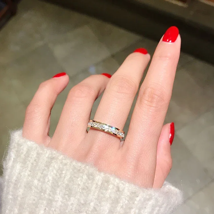 Ring, Square Crystal Channel Band, Rose Gold-Plated Stainless Steel