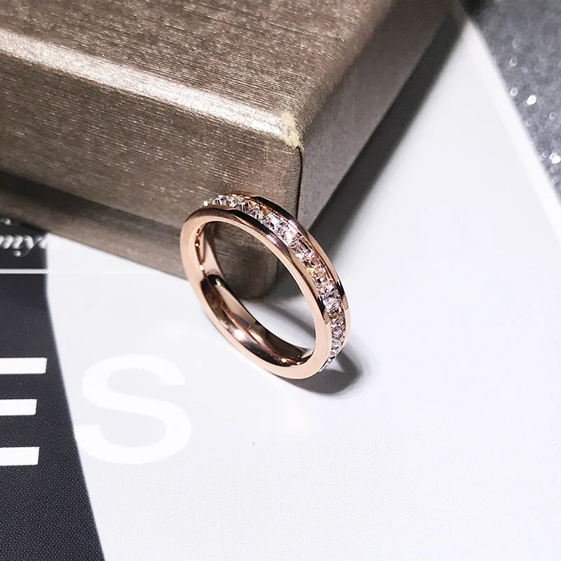 Ring, Square Crystal Channel Band, Rose Gold-Plated Stainless Steel