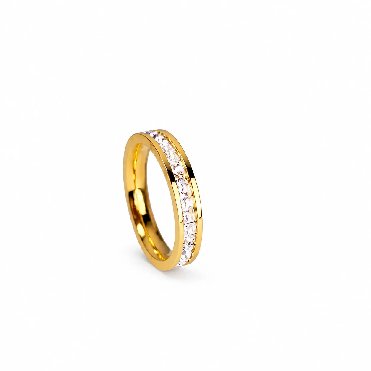 Ring, Square Crystal Channel Band, Rose Gold-Plated Stainless Steel - Gold