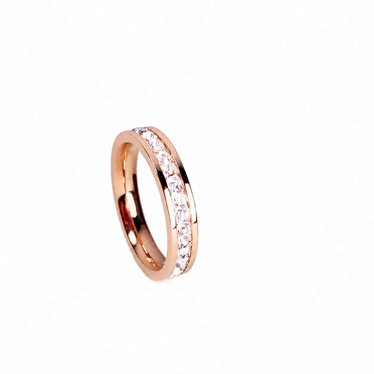 Ring, Square Crystal Channel Band, Rose Gold-Plated Stainless Steel - Rose Gold
