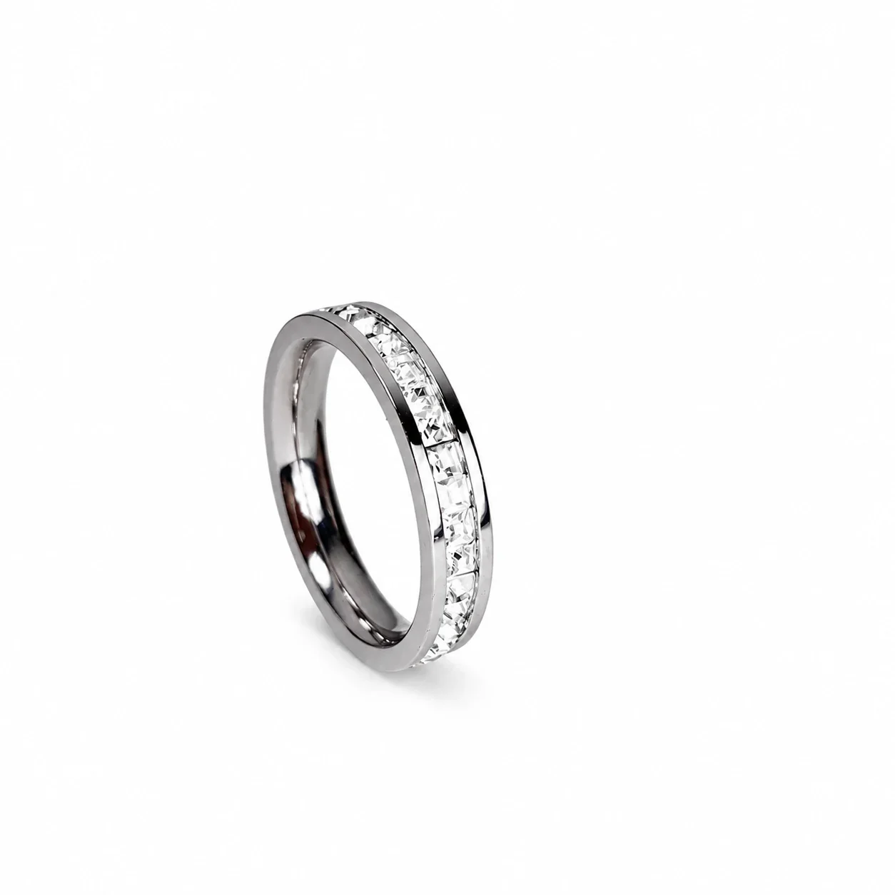 Ring, Square Crystal Channel Band, Rose Gold-Plated Stainless Steel - Silver