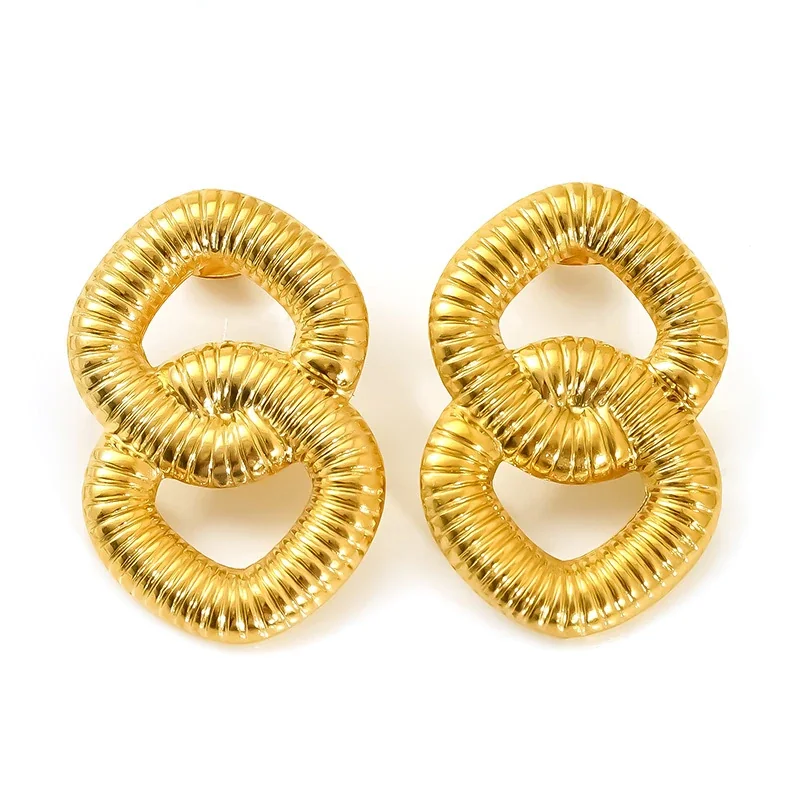 Sculptural Gold-Plated Ribbed Link Spiral Stud Earrings