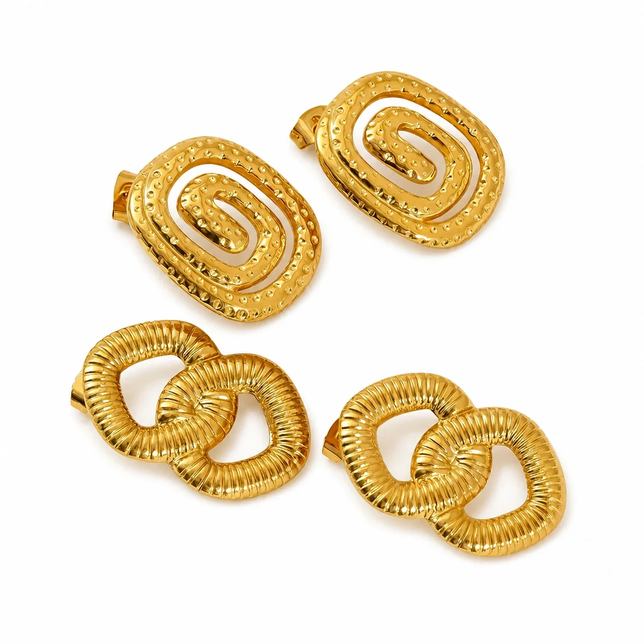 Sculptural Gold-Plated Ribbed Link Spiral Stud Earrings