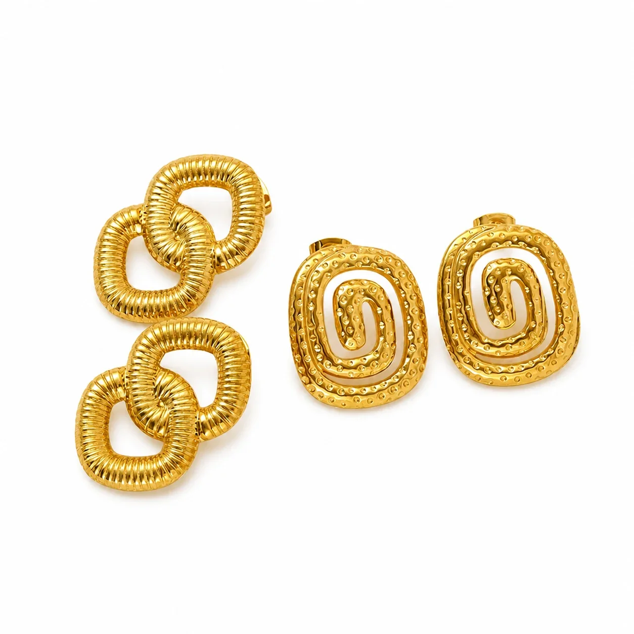 Sculptural Gold-Plated Ribbed Link Spiral Stud Earrings