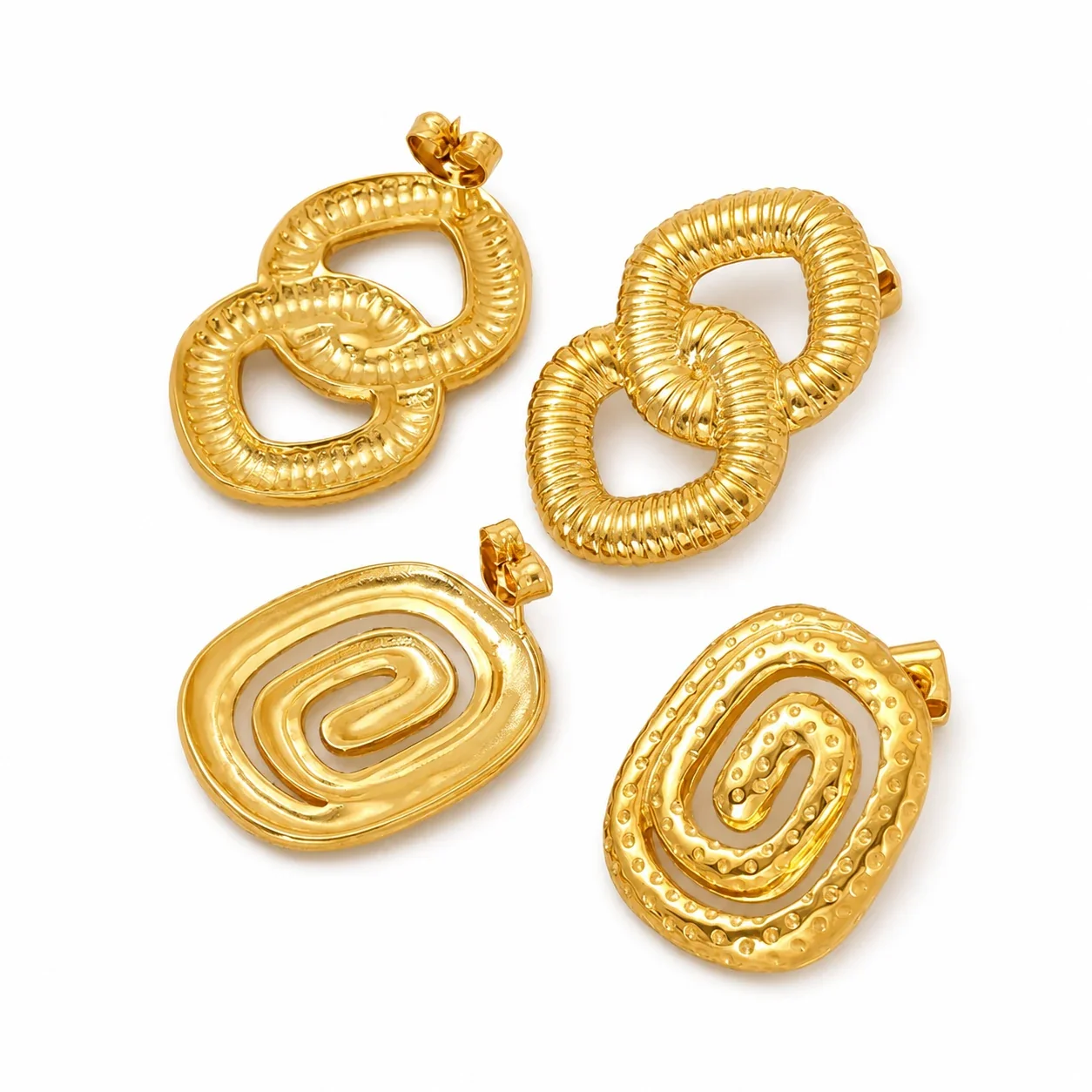 Sculptural Gold-Plated Ribbed Link Spiral Stud Earrings