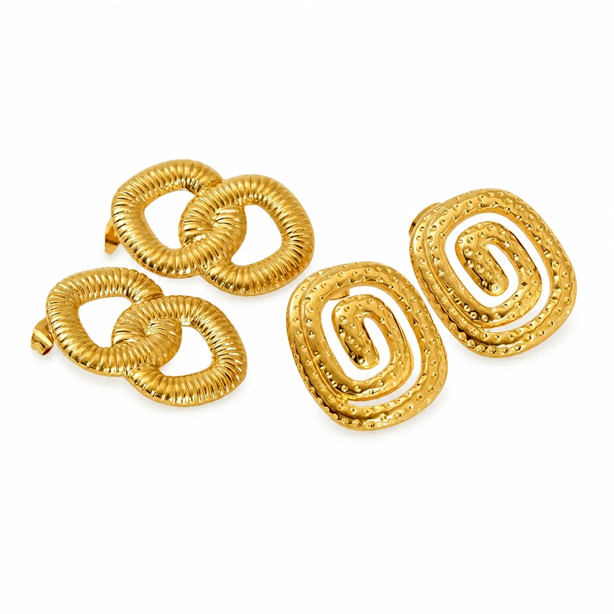 Sculptural Gold-Plated Ribbed Link Spiral Stud Earrings