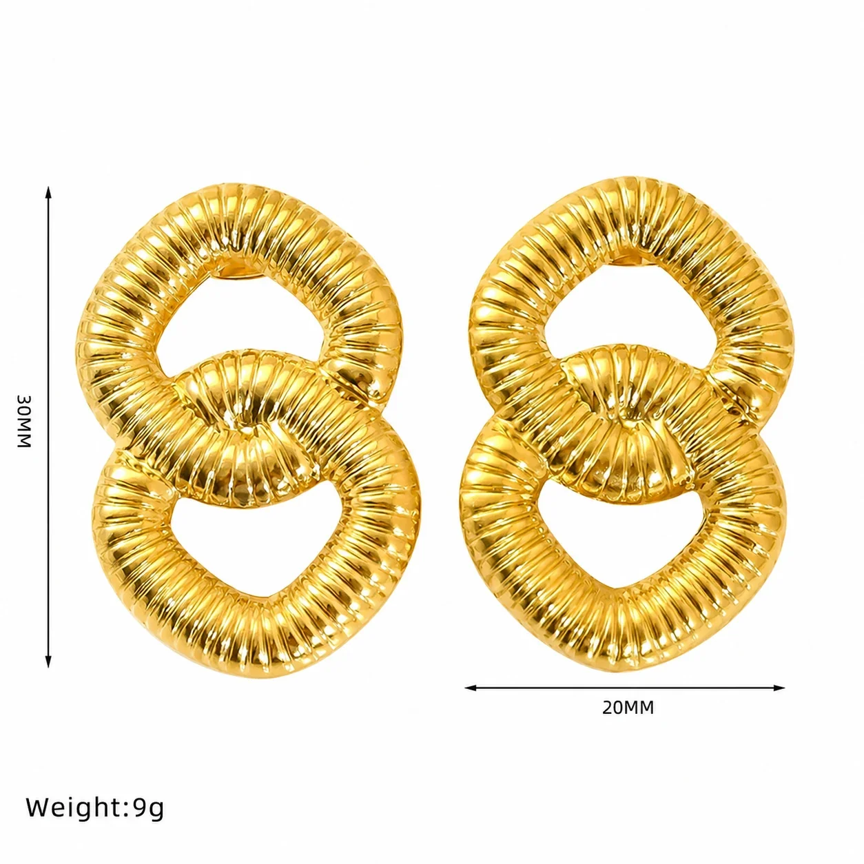 Sculptural Gold-Plated Ribbed Link Spiral Stud Earrings - Gold Dotted Spiral