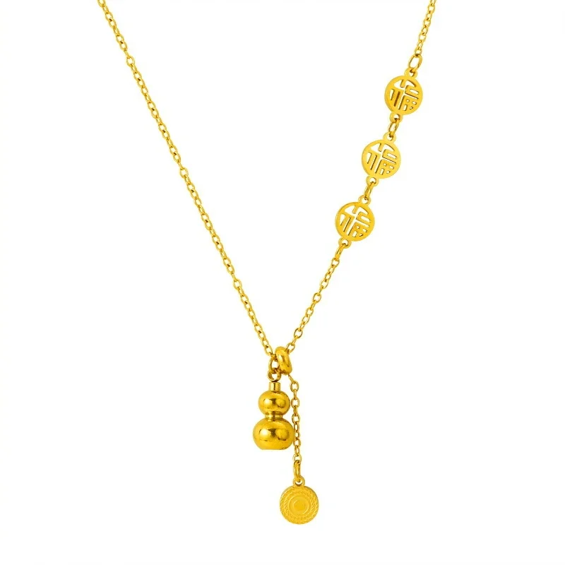 Ornate Gold-Plated Stainless Steel Gourd Coin Necklace