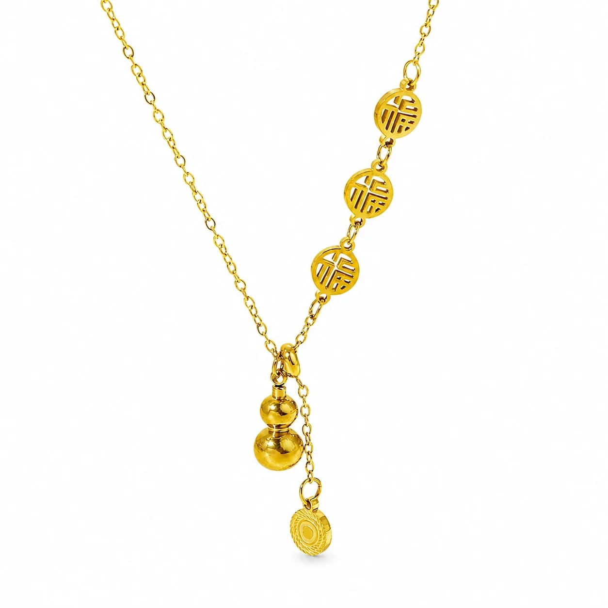 Ornate Gold-Plated Stainless Steel Gourd Coin Necklace