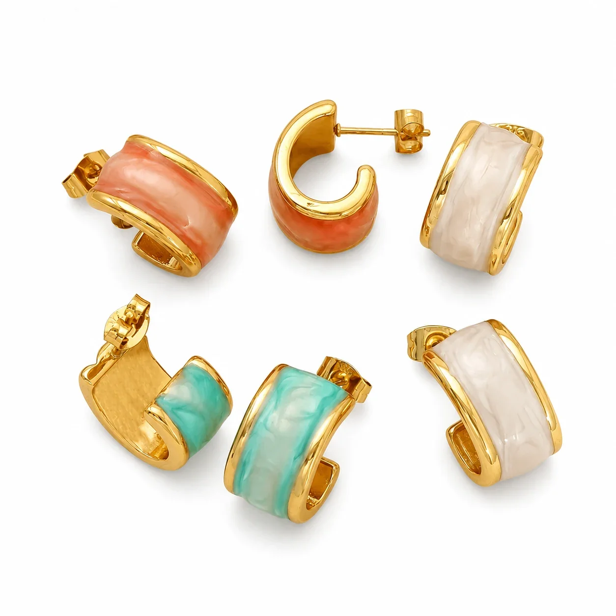 Sculptural Gold-Tone Stainless Steel Marbled Enamel Huggie Earrings