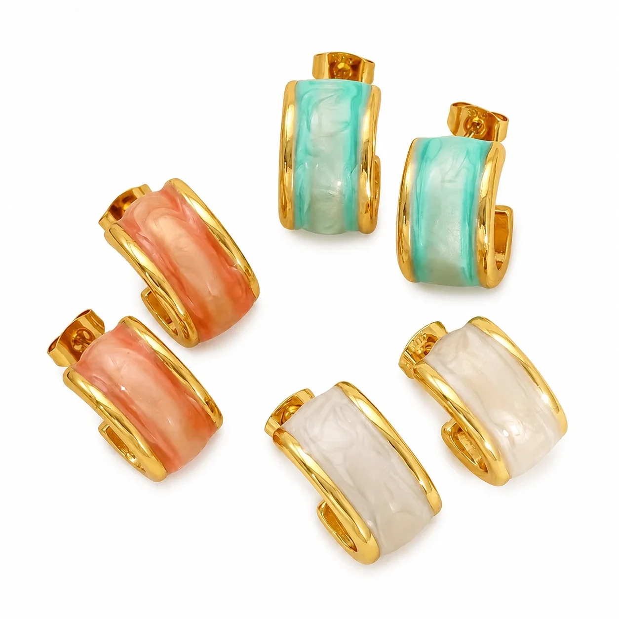 Sculptural Gold-Tone Stainless Steel Marbled Enamel Huggie Earrings