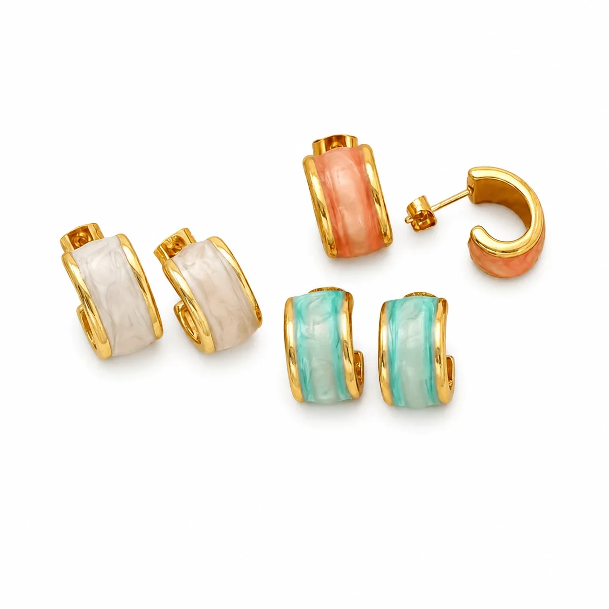 Sculptural Gold-Tone Stainless Steel Marbled Enamel Huggie Earrings