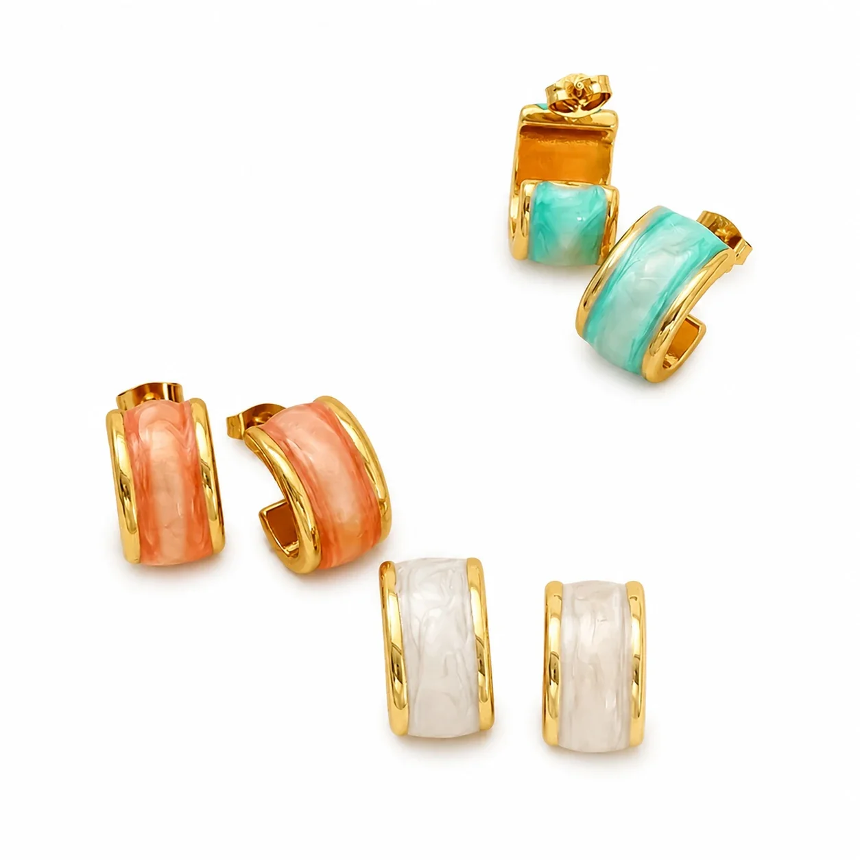 Sculptural Gold-Tone Stainless Steel Marbled Enamel Huggie Earrings