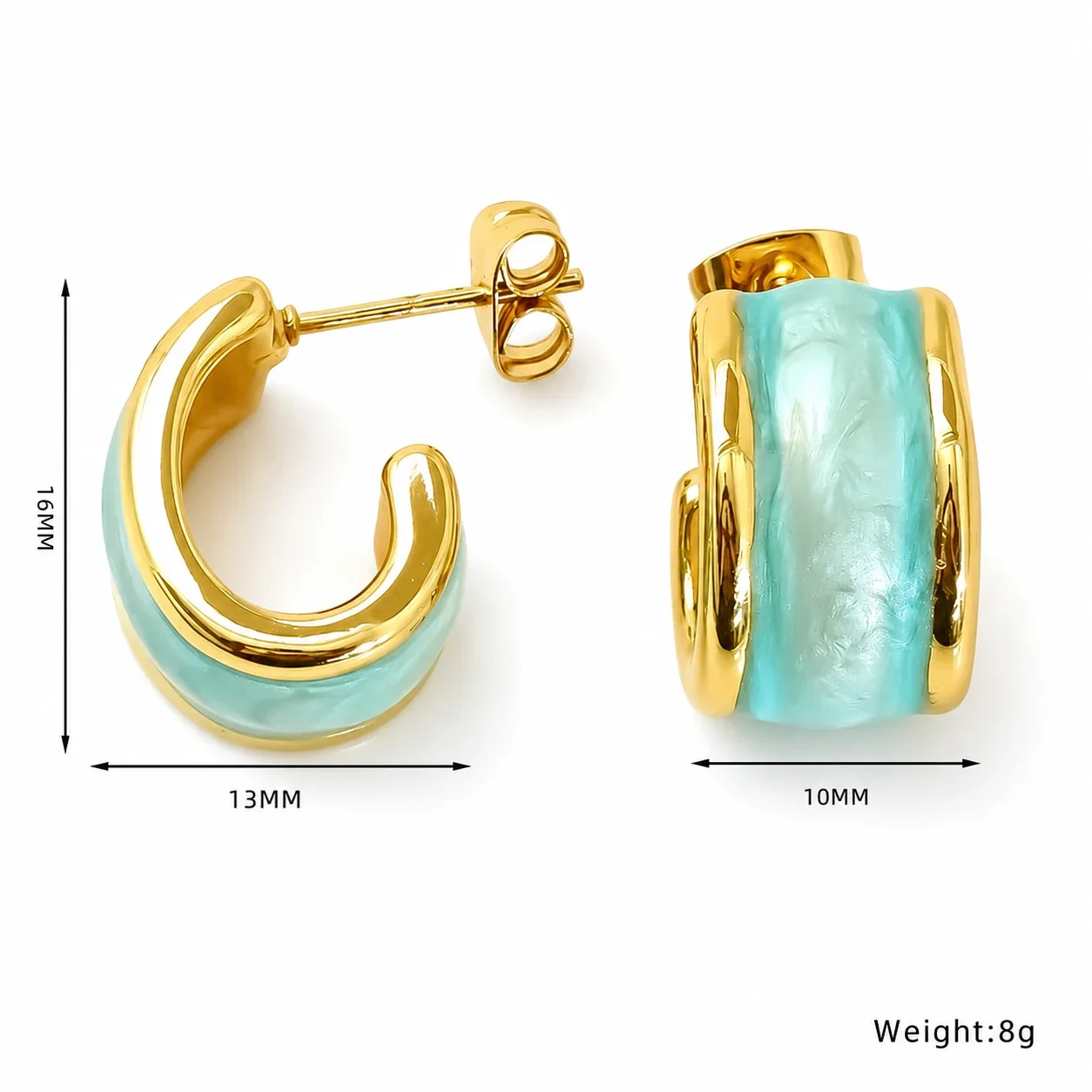 Sculptural Gold-Tone Stainless Steel Marbled Enamel Huggie Earrings - Green