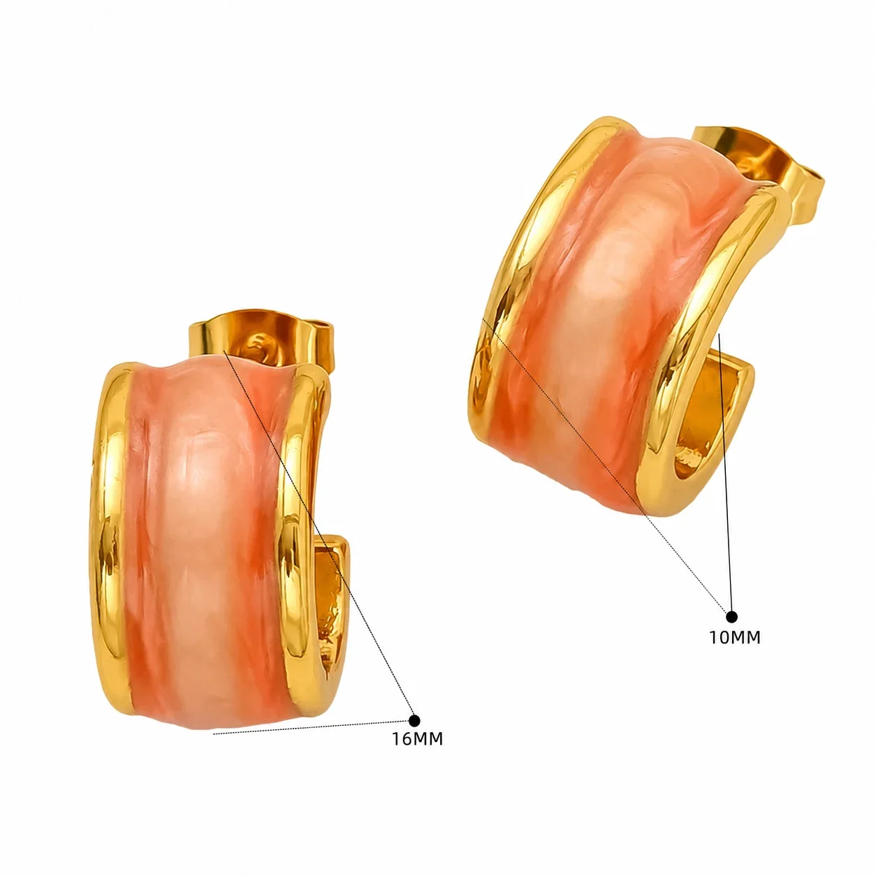 Sculptural Gold-Tone Stainless Steel Marbled Enamel Huggie Earrings - Red