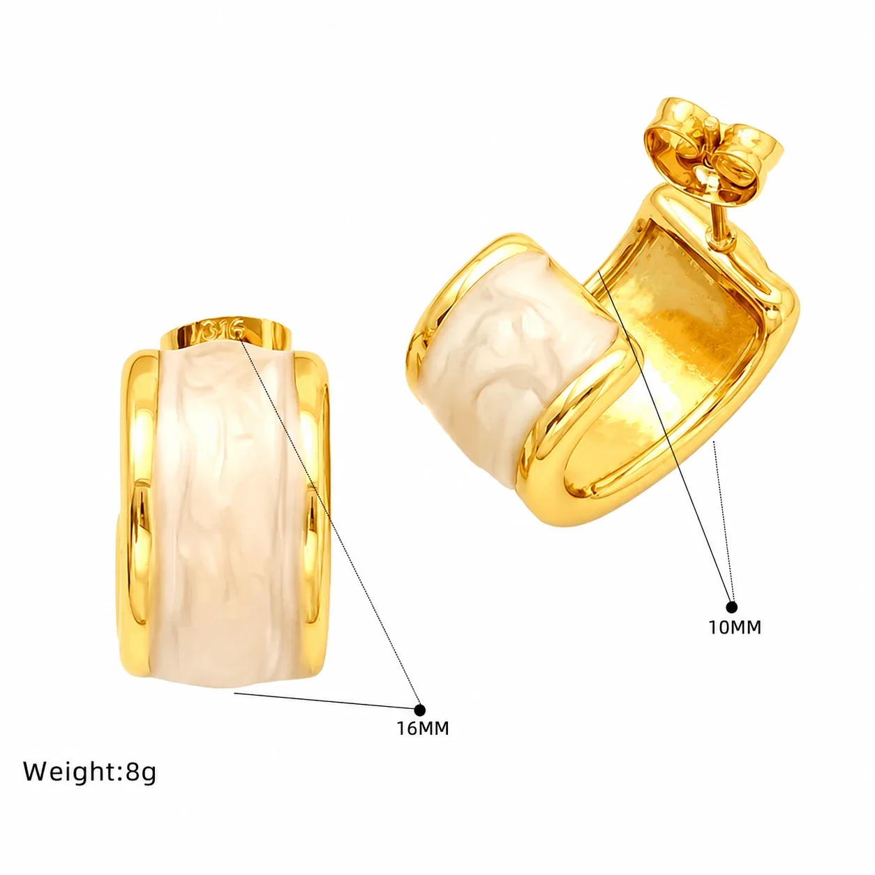 Sculptural Gold-Tone Stainless Steel Marbled Enamel Huggie Earrings - White