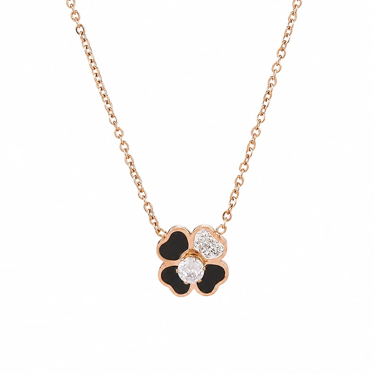 Rose Gold Stainless Clover CZ Pendant Necklace