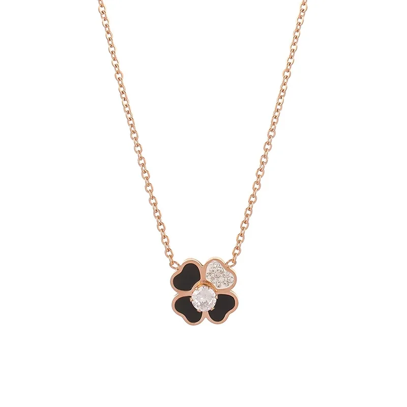 Rose Gold Stainless Clover CZ Pendant Necklace