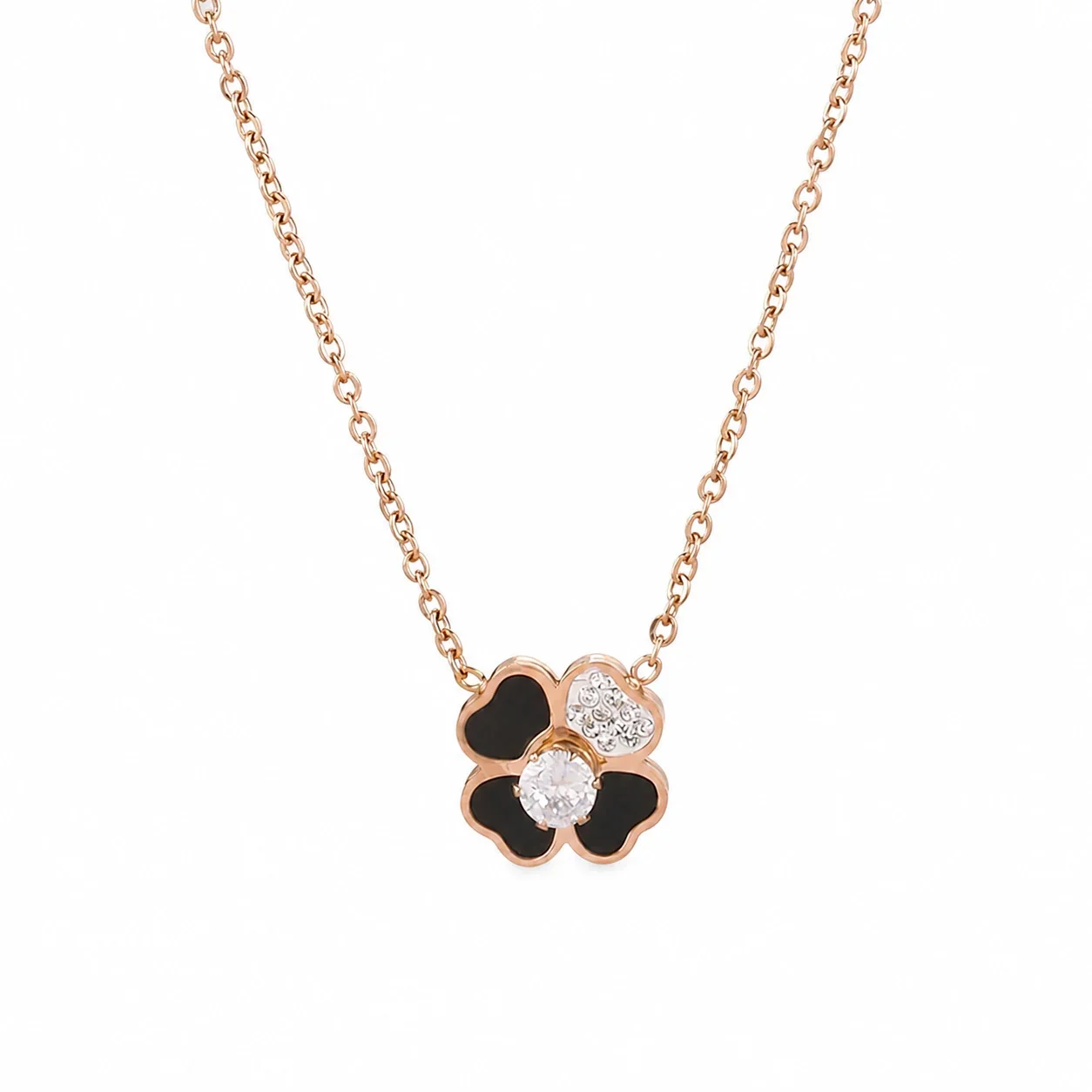 Rose Gold Stainless Clover CZ Pendant Necklace