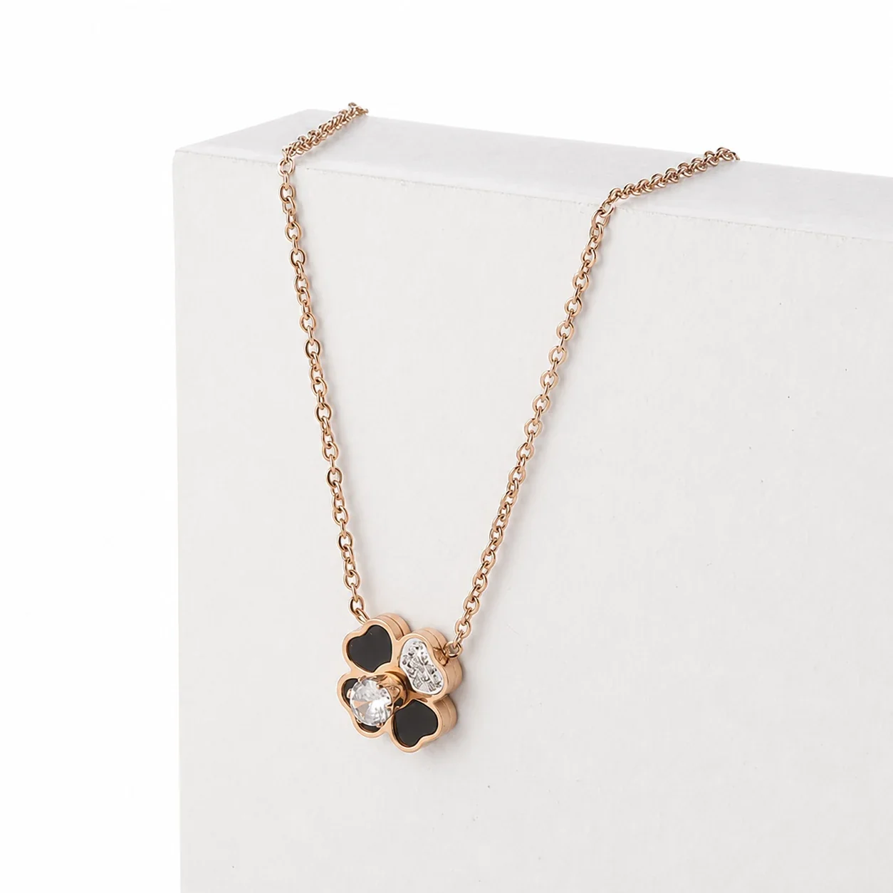 Rose Gold Stainless Clover CZ Pendant Necklace