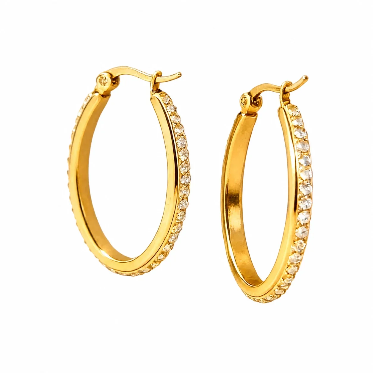 Polished 316 Stainless Steel Pave Oval Hoop Earrings