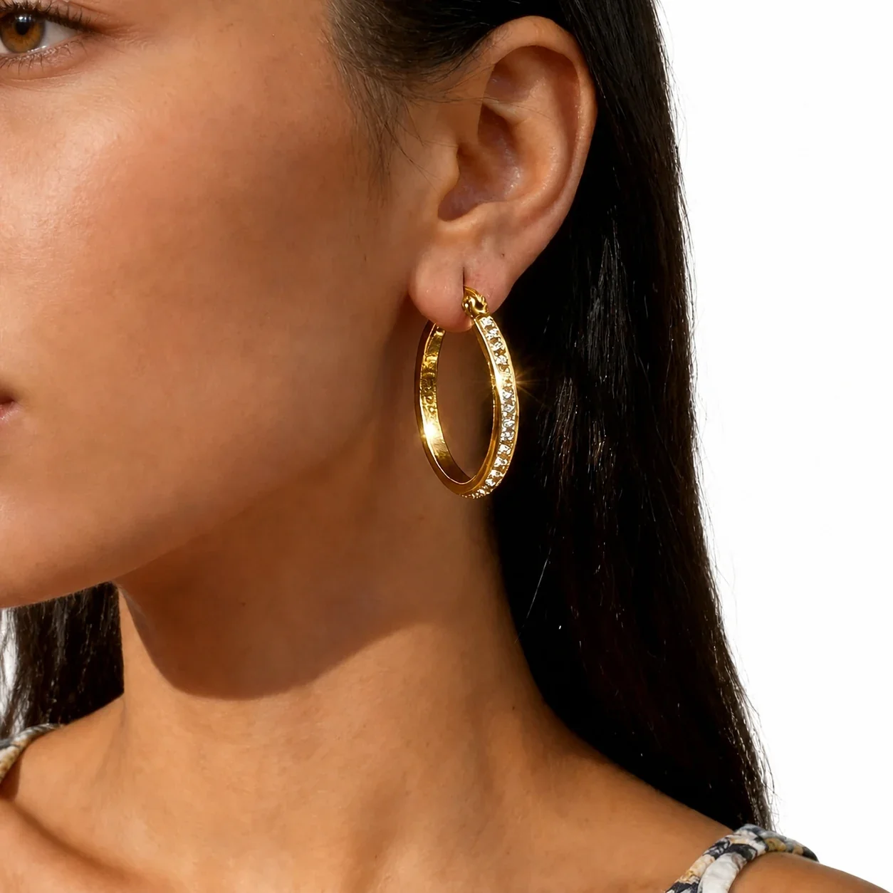 Polished 316 Stainless Steel Pave Oval Hoop Earrings