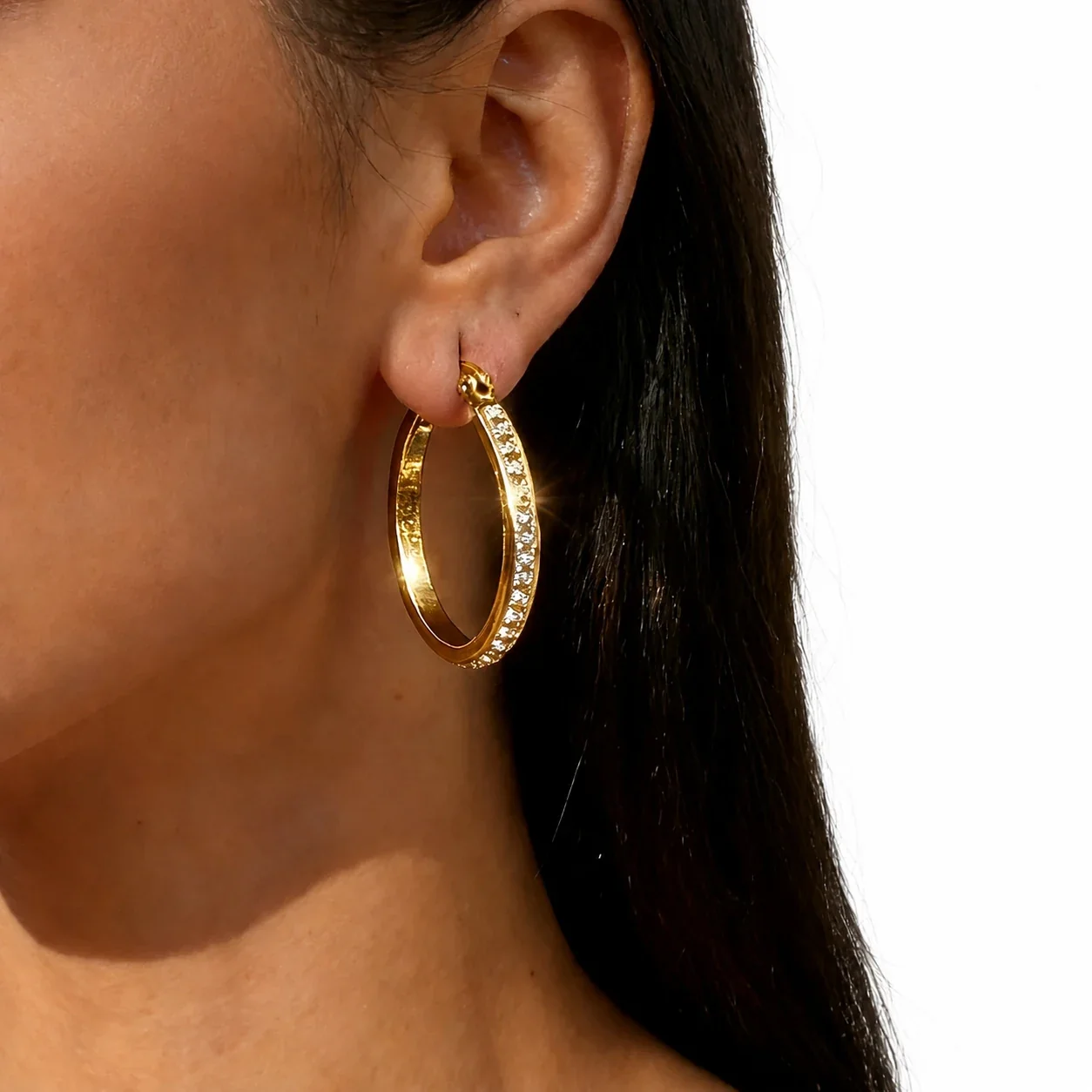 Polished 316 Stainless Steel Pave Oval Hoop Earrings