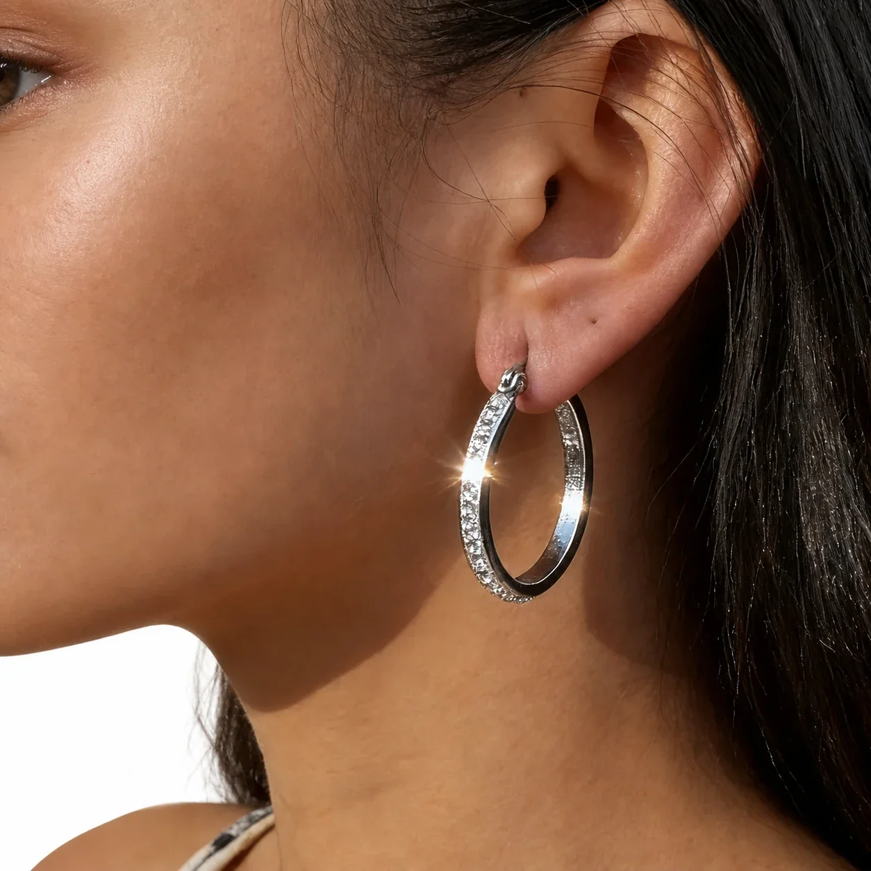 Polished 316 Stainless Steel Pave Oval Hoop Earrings