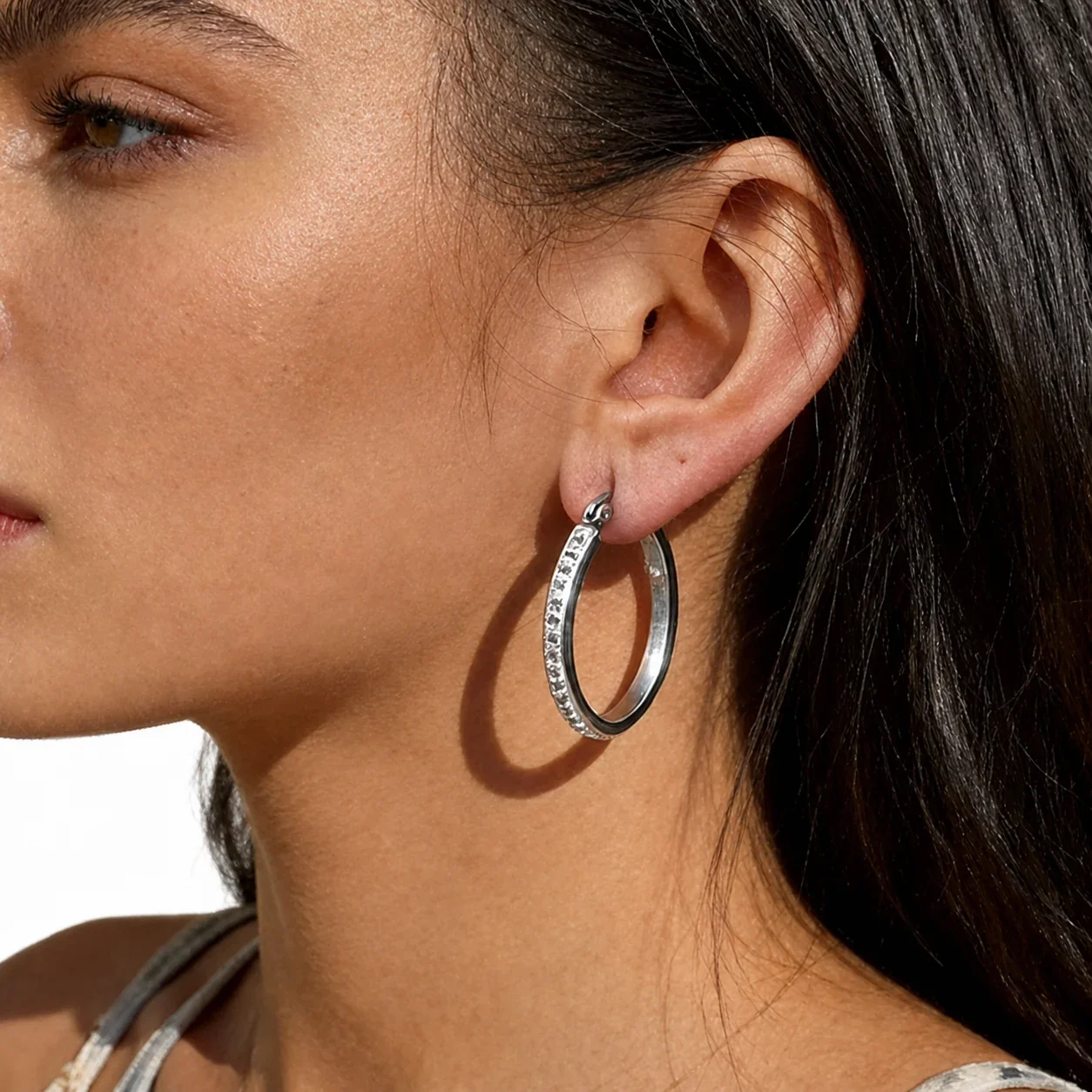 Polished 316 Stainless Steel Pave Oval Hoop Earrings